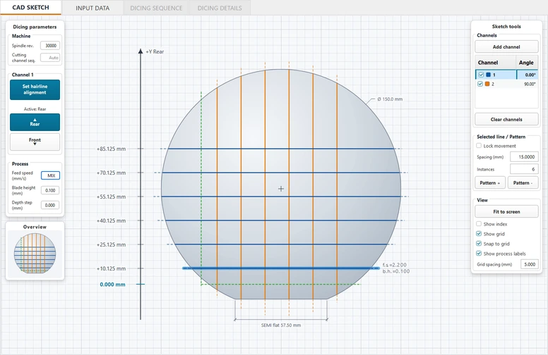 DICEFLOW CAD Sketch with two channels, wafer flat, hairline alignment and process controls.