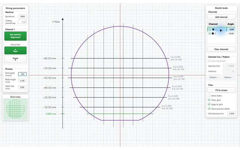 DICEFLOW CAD Sketch with two channels, wafer flat, hairline alignment and process controls.