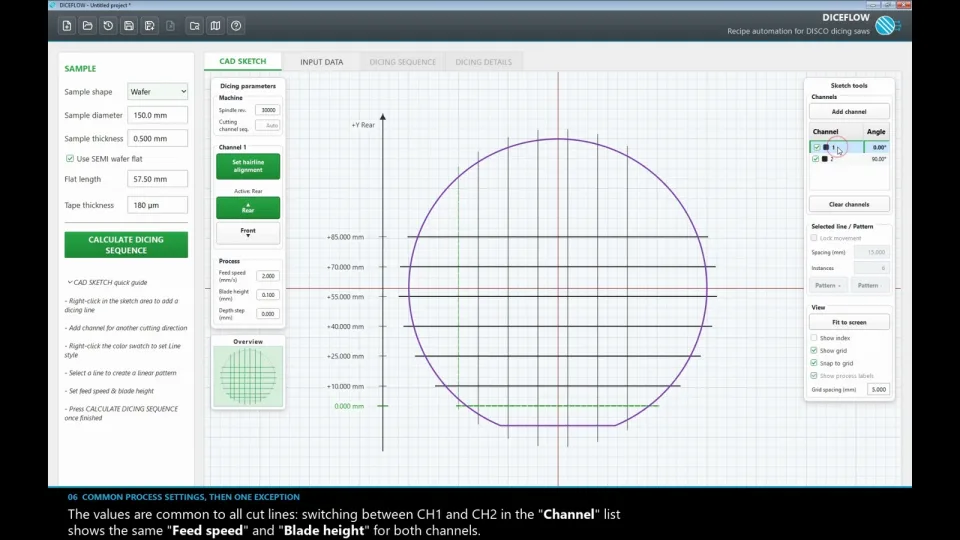 DICEFLOW tutorial: two cutting channels in the CAD workspace.